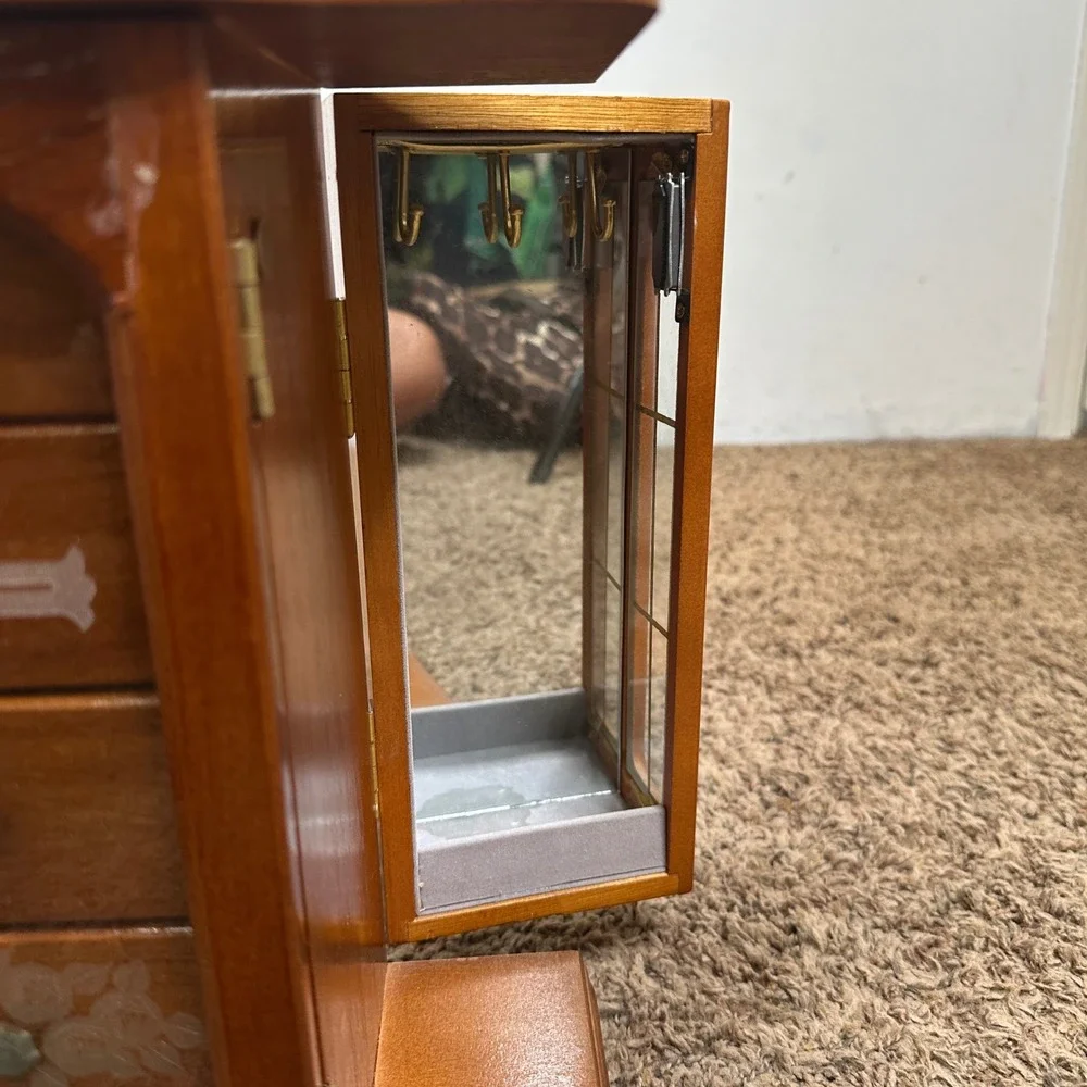 Vintage Wooden Jewelry Armoire Chest Cross Etched Glass 5 Drawers Brown READ